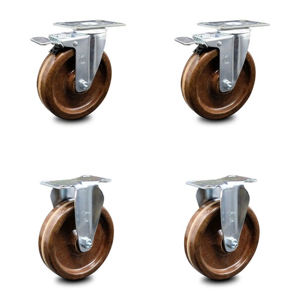 5 Inch High Temp Phenolic Swivel Top Plate Caster Lock Brakes 2 Rigid SCC, 2PK